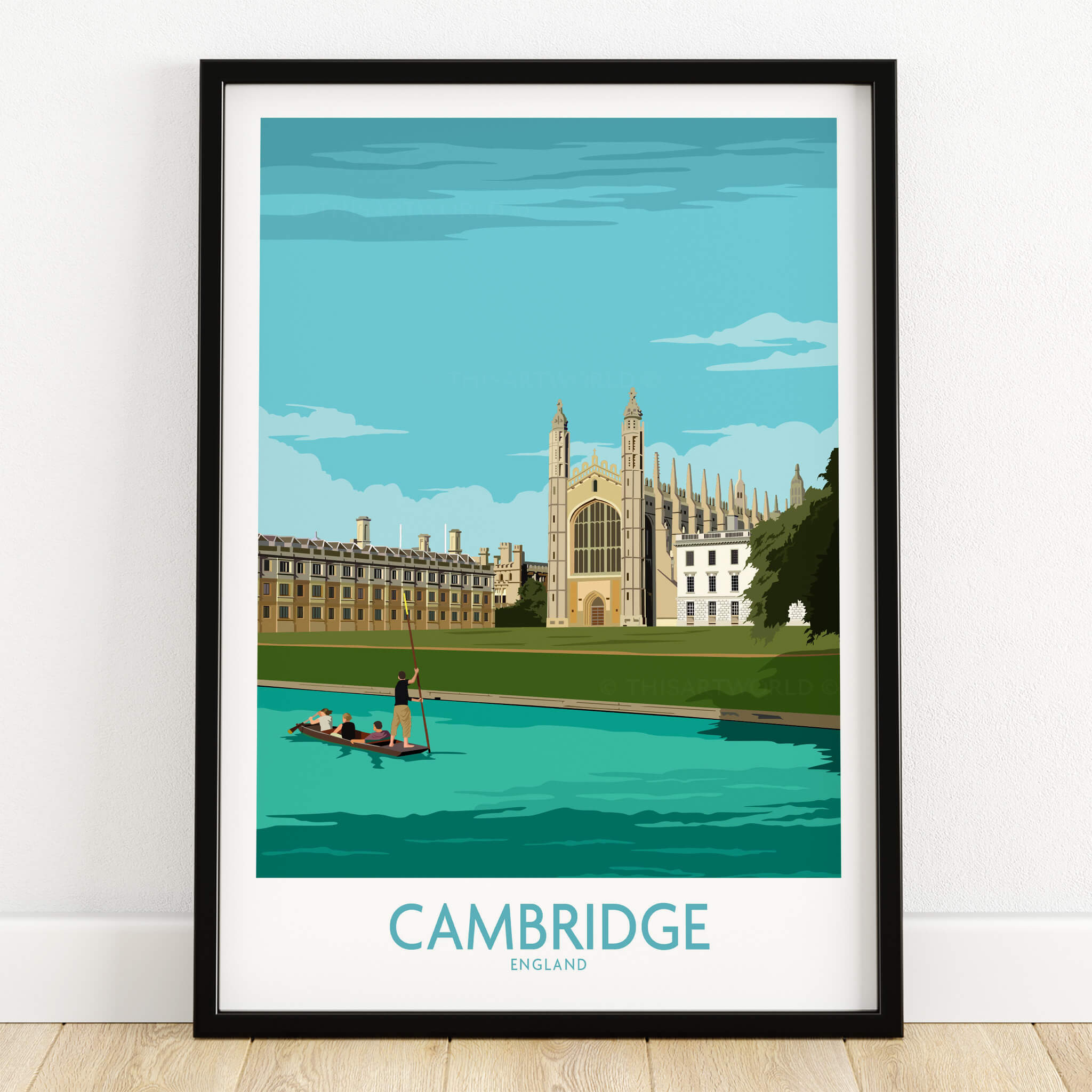 Cambridge Print featuring King's College framed wall art with rowing scene in Cambridge, England.