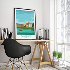 Cambridge Print of King's College displayed in a stylish home office setting with elegant decor.