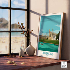 Cambridge Print featuring the iconic King's College in a stylish frame on a windowsill.