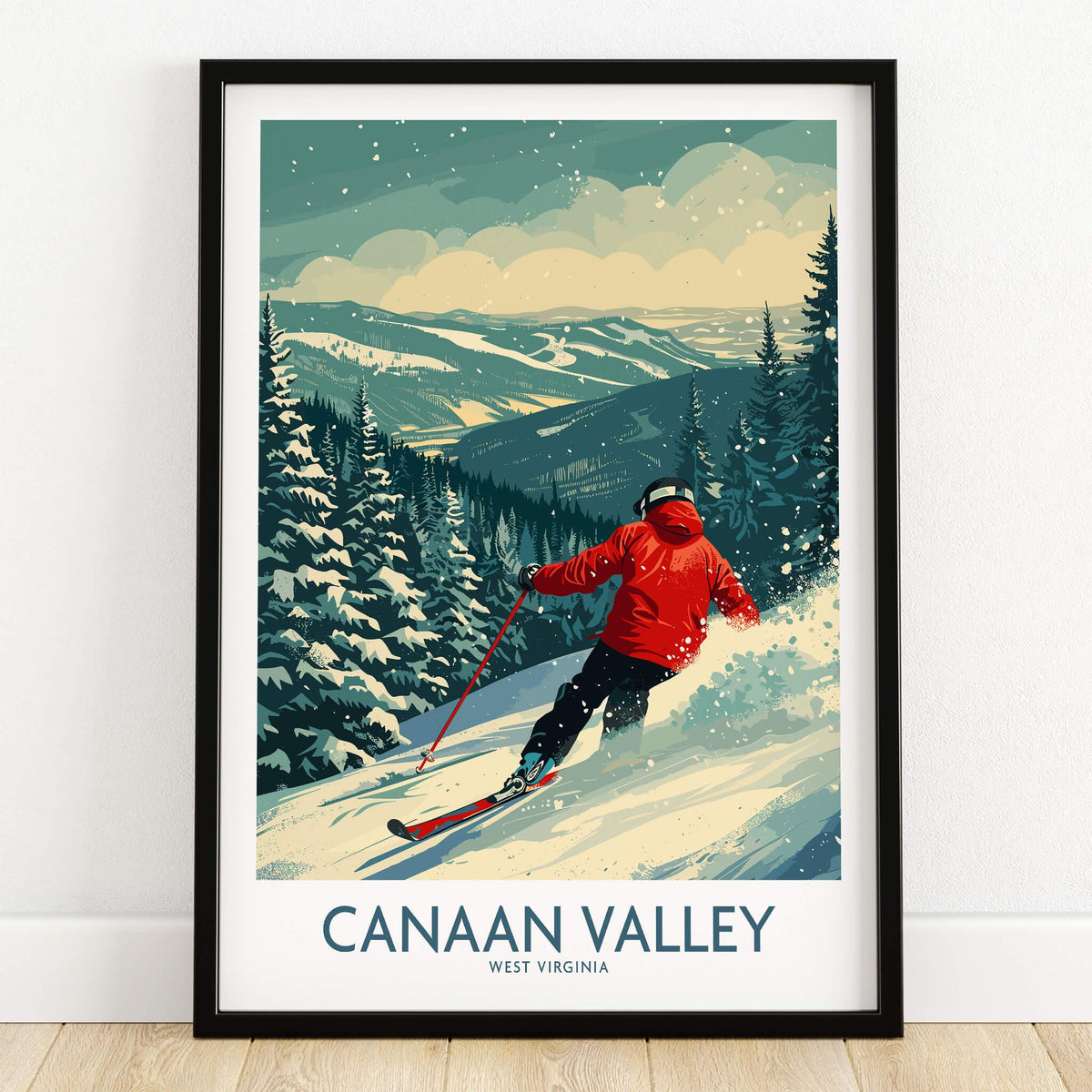 Canaan Valley Ski Print - West Virginia showcasing a skier in a snowy landscape surrounded by evergreen trees.