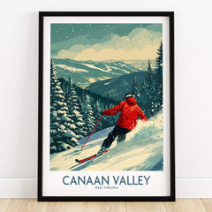 Canaan Valley Ski Print - West Virginia showcasing a skier in a snowy landscape surrounded by evergreen trees.
