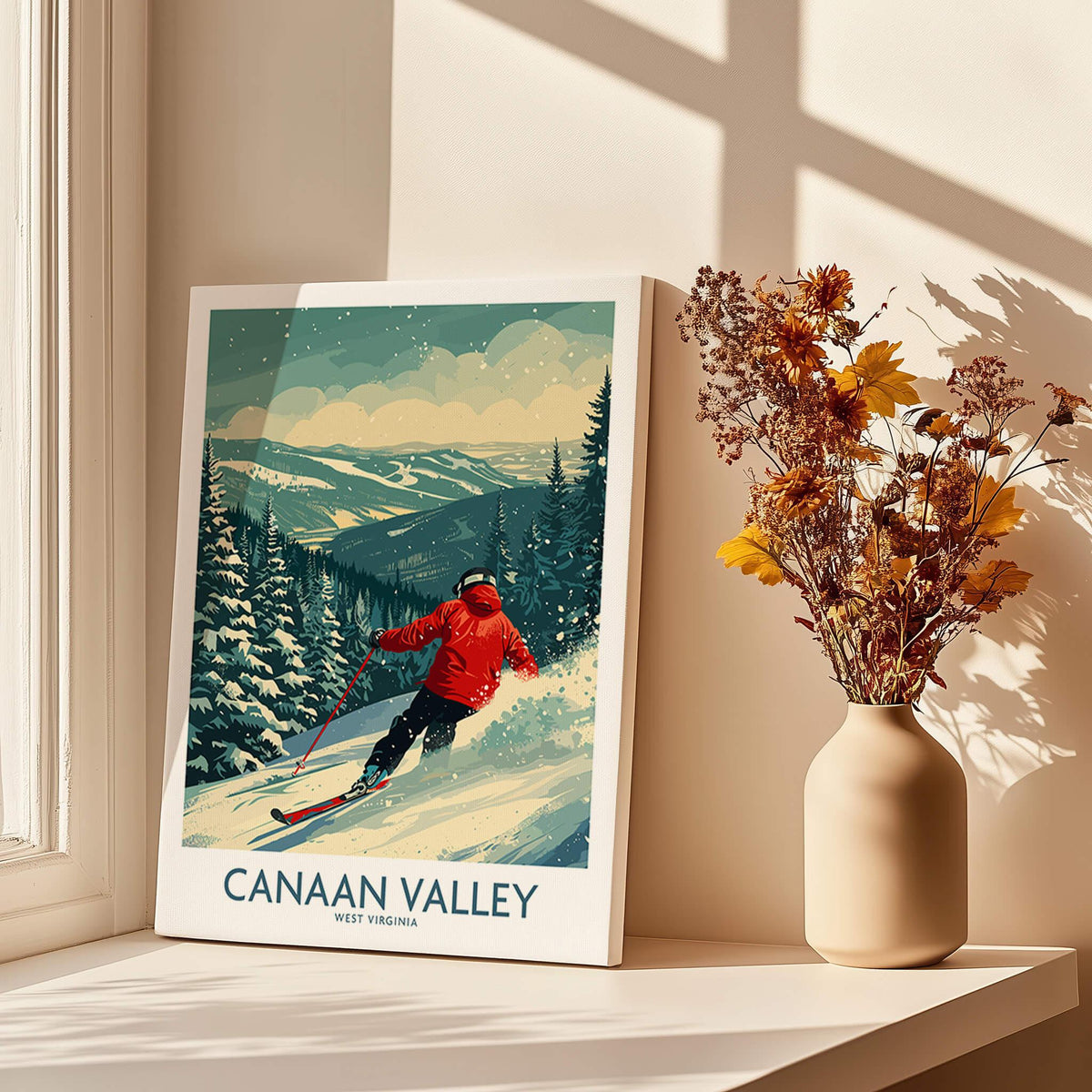 Canaan Valley Ski Print - West Virginia featuring a skier amidst snowy landscape and winter scenery.