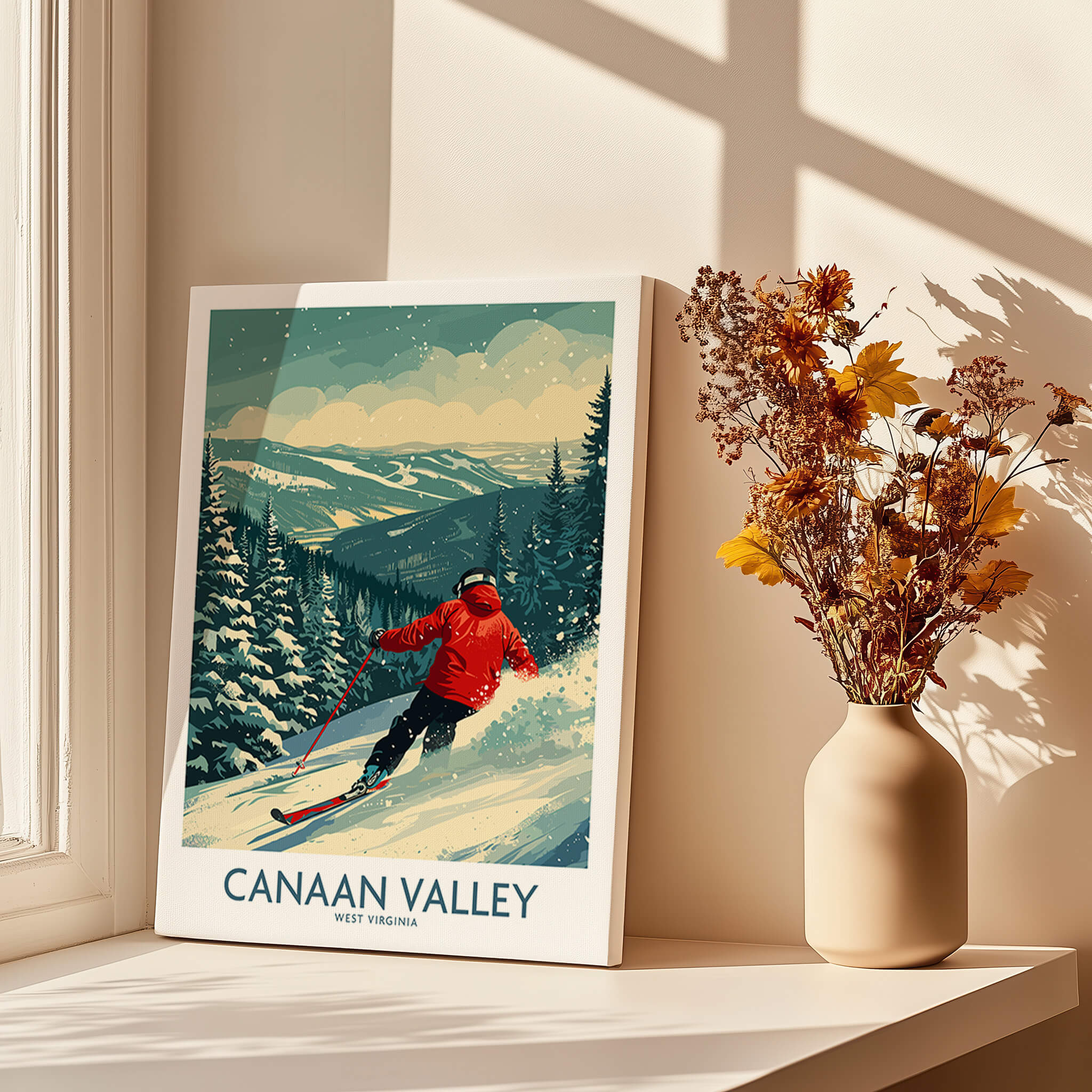 Canaan Valley Ski Print - West Virginia featuring a skier amidst snowy landscape and winter scenery.