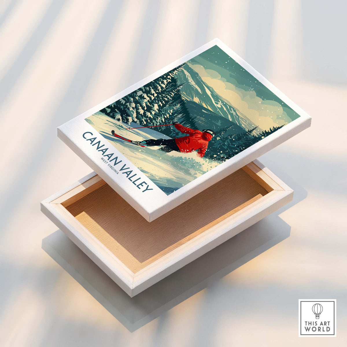 Canaan Valley Ski Print - West Virginia showcased on a wooden box, capturing winter adventure and nature's beauty.
