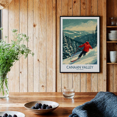 Canaan Valley Ski Print - West Virginia featuring skier in a beautiful winter landscape, perfect ski wall art for enthusiasts.