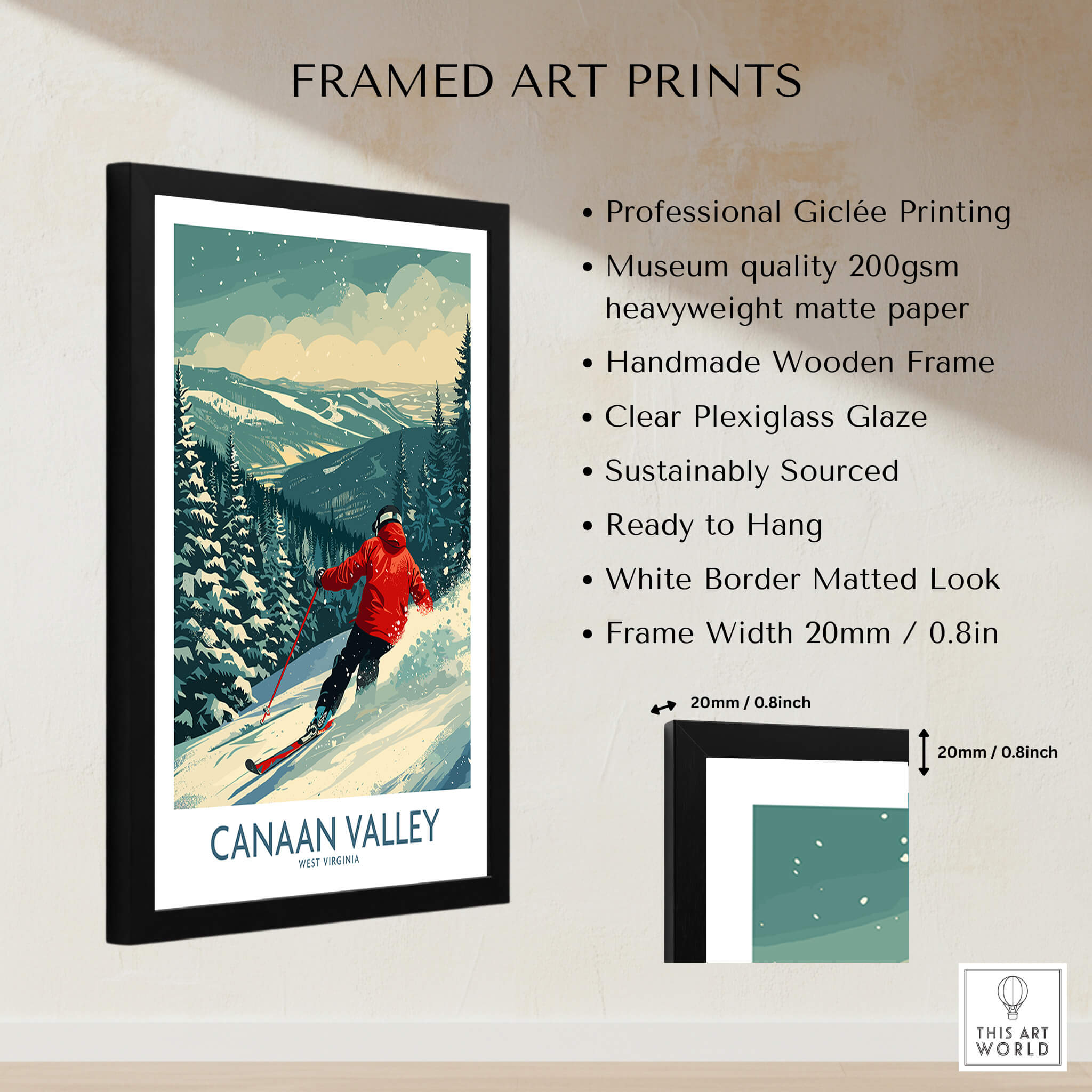 Canaan Valley Ski Print -  West Virginia framed art print showcasing winter sports in a scenic landscape.