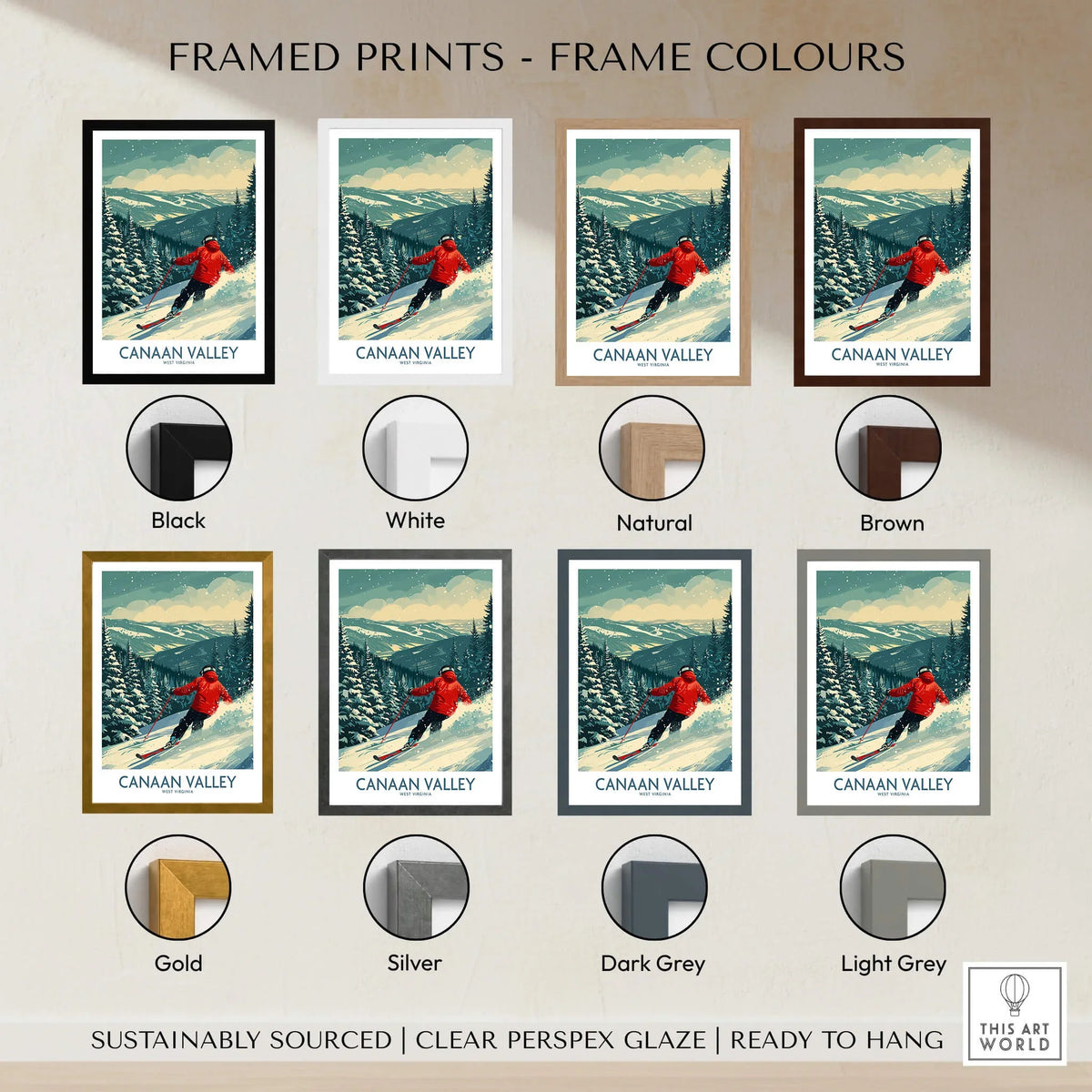 Canaan Valley Ski Print - West Virginia framed print colors including black, white, natural, brown, gold, silver, dark grey, and light grey.