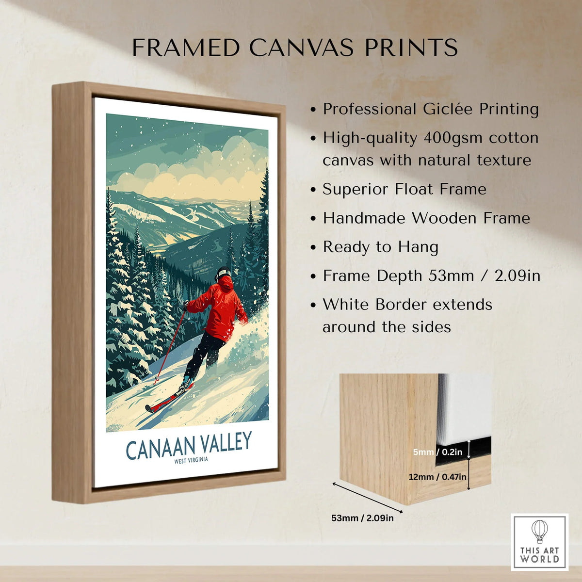 Canaan Valley Ski Print -  West Virginia showcased in a stylish framed canvas with snowy winter landscape.
