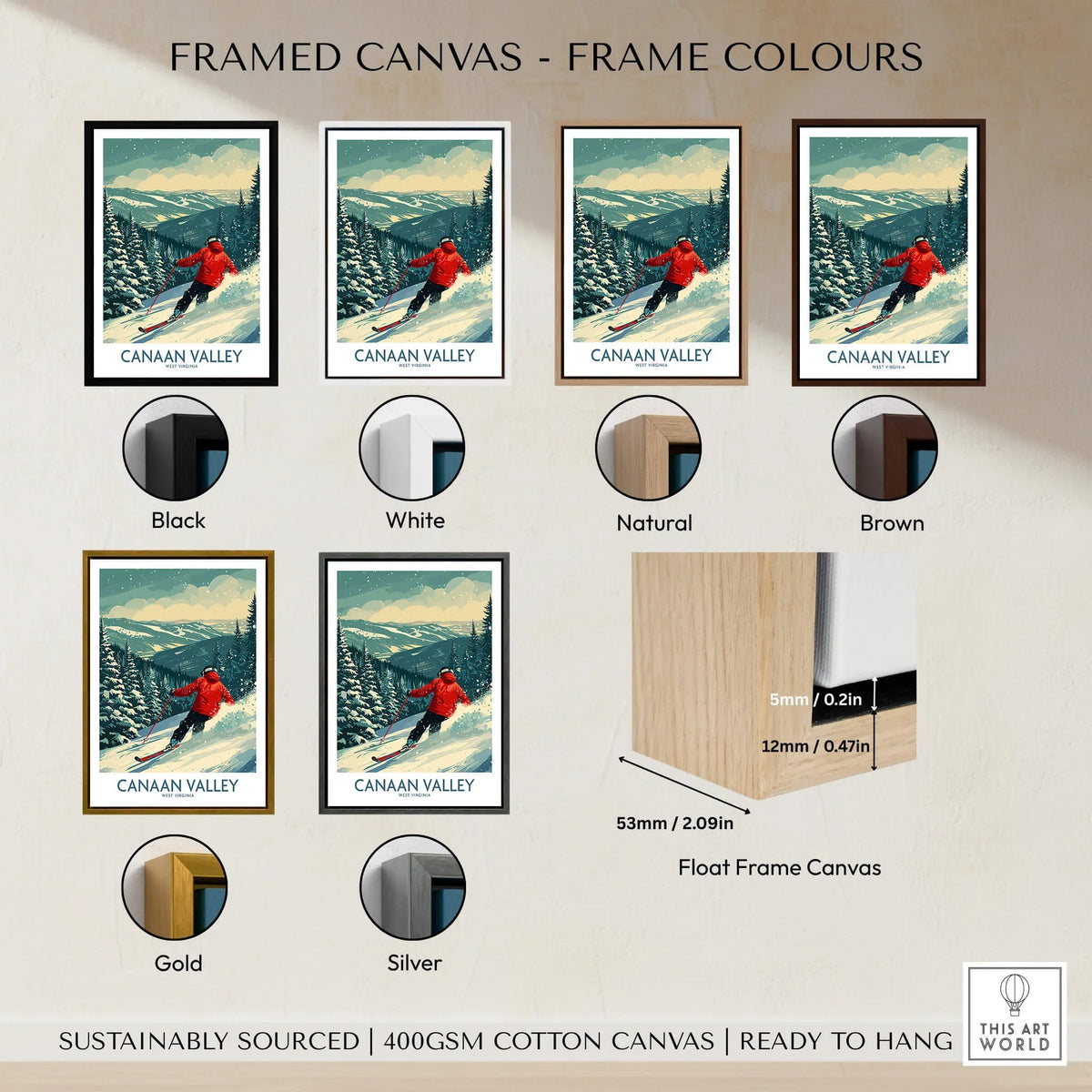 Canaan Valley Ski Print - West Virginia framed canvas options in various colors including black, white, natural, brown, gold, and silver.