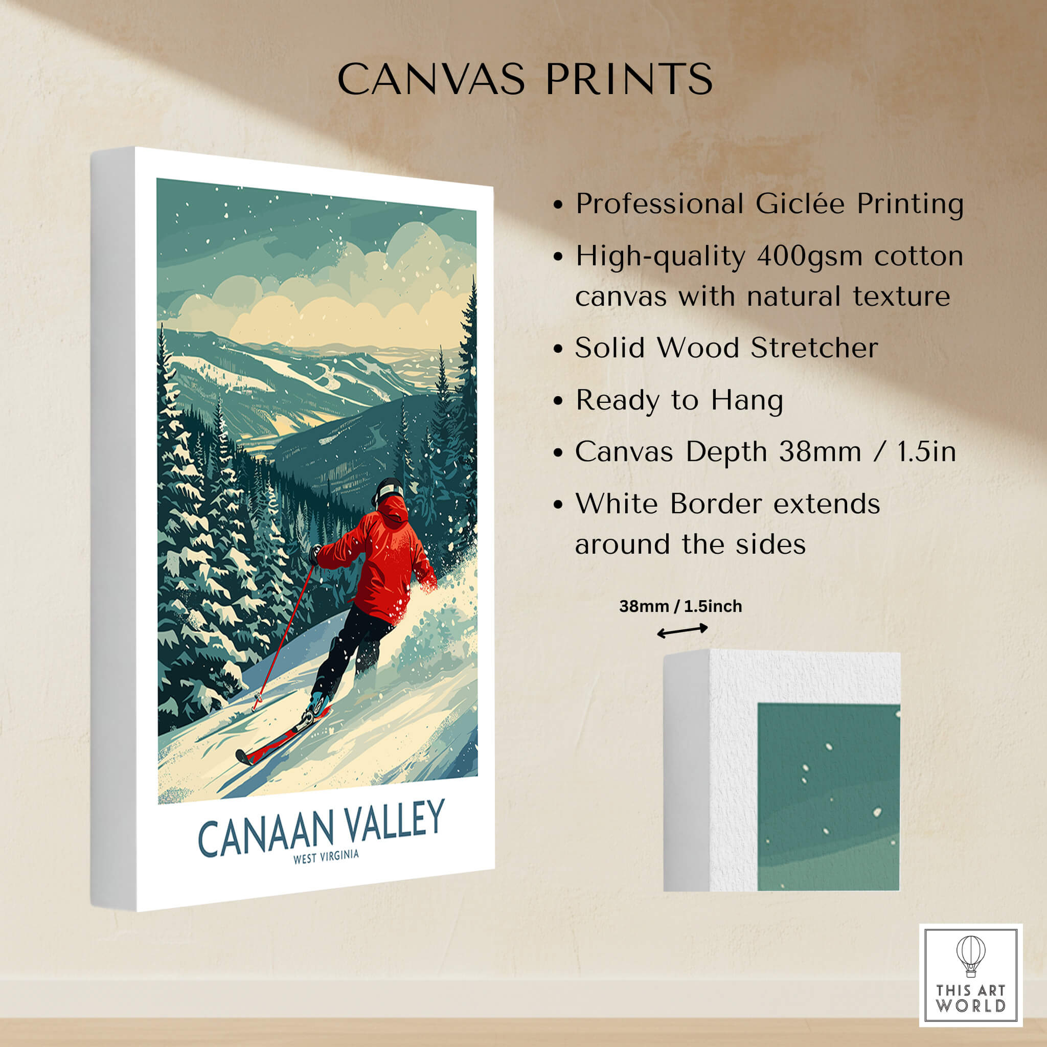 Canaan Valley Ski Print - West Virginia, featuring a skier in a winter landscape with professional Giclée printing.