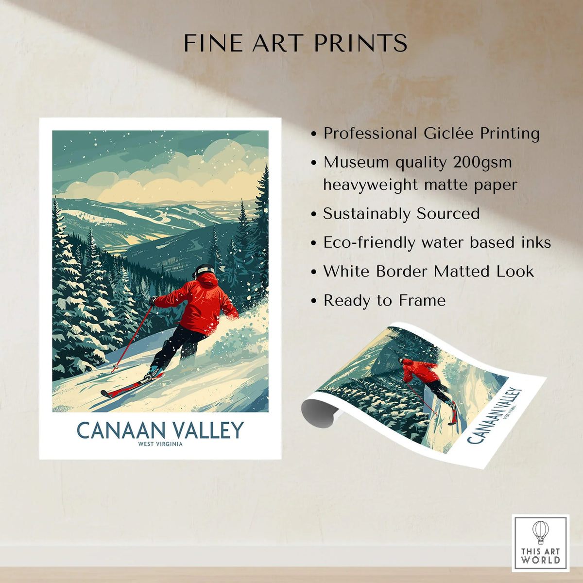 Canaan Valley Ski Print -  West Virginia, showcasing skier in a winter landscape, perfect for ski wall art.