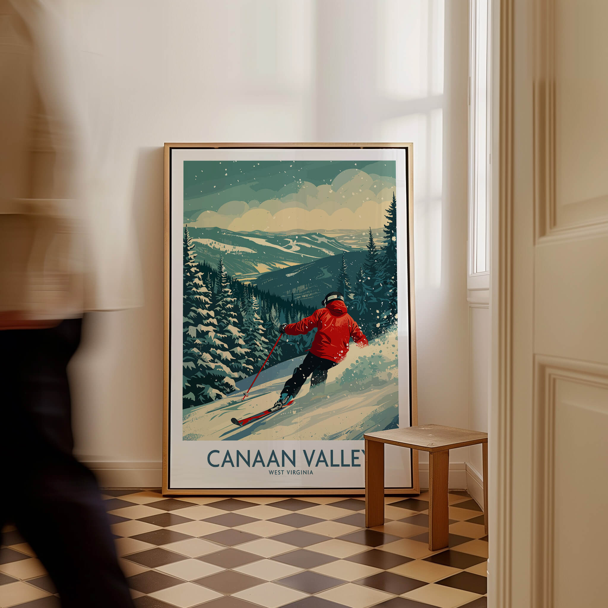 Canaan Valley Ski Print - West Virginia hanging in a hallway, showcasing a skier in a snowy landscape.