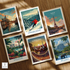 Canaan Valley Ski Print - West Virginia showcased among travel destination art prints on a wooden surface.