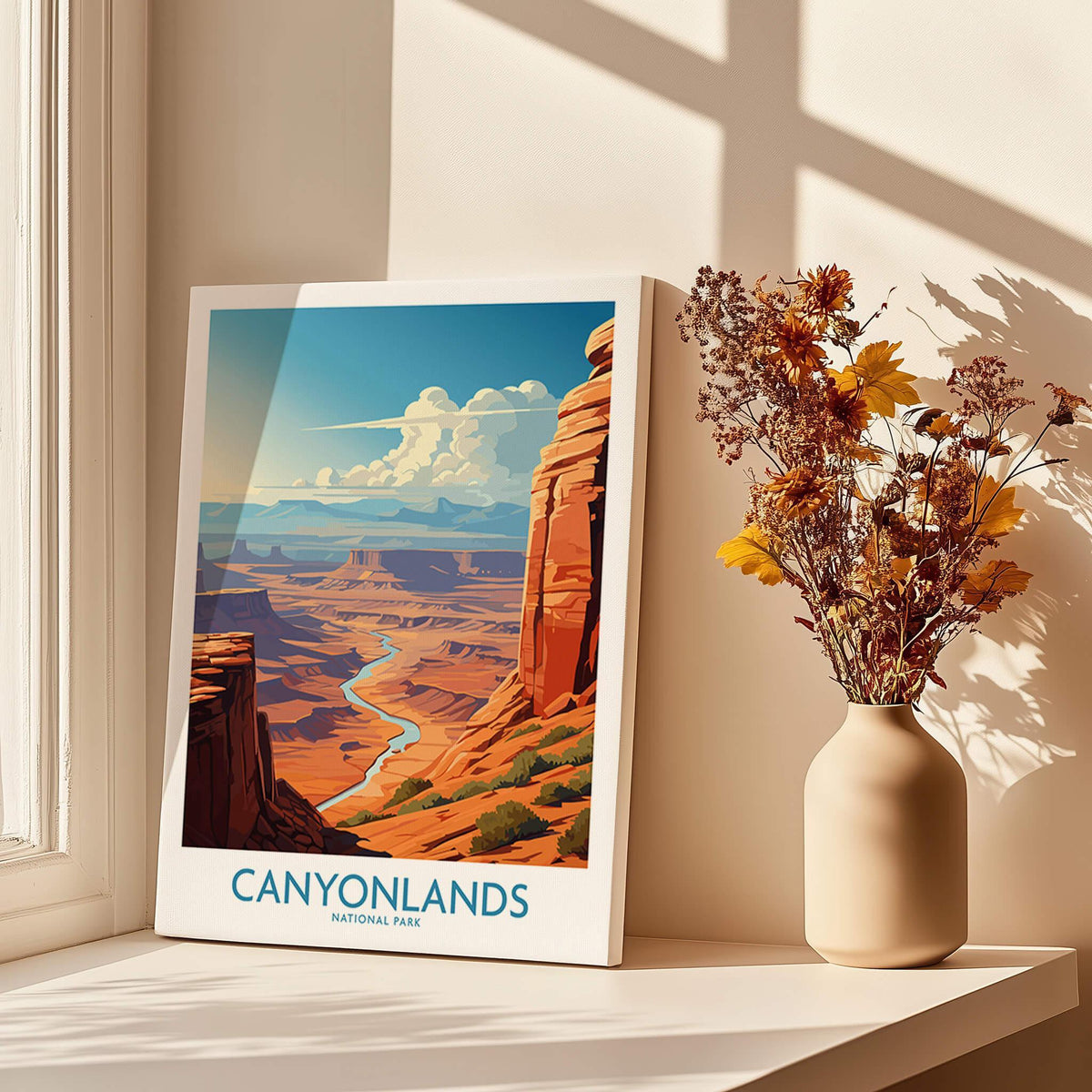 Canyonlands National Park art print on windowsill with shadows and dried flowers vase