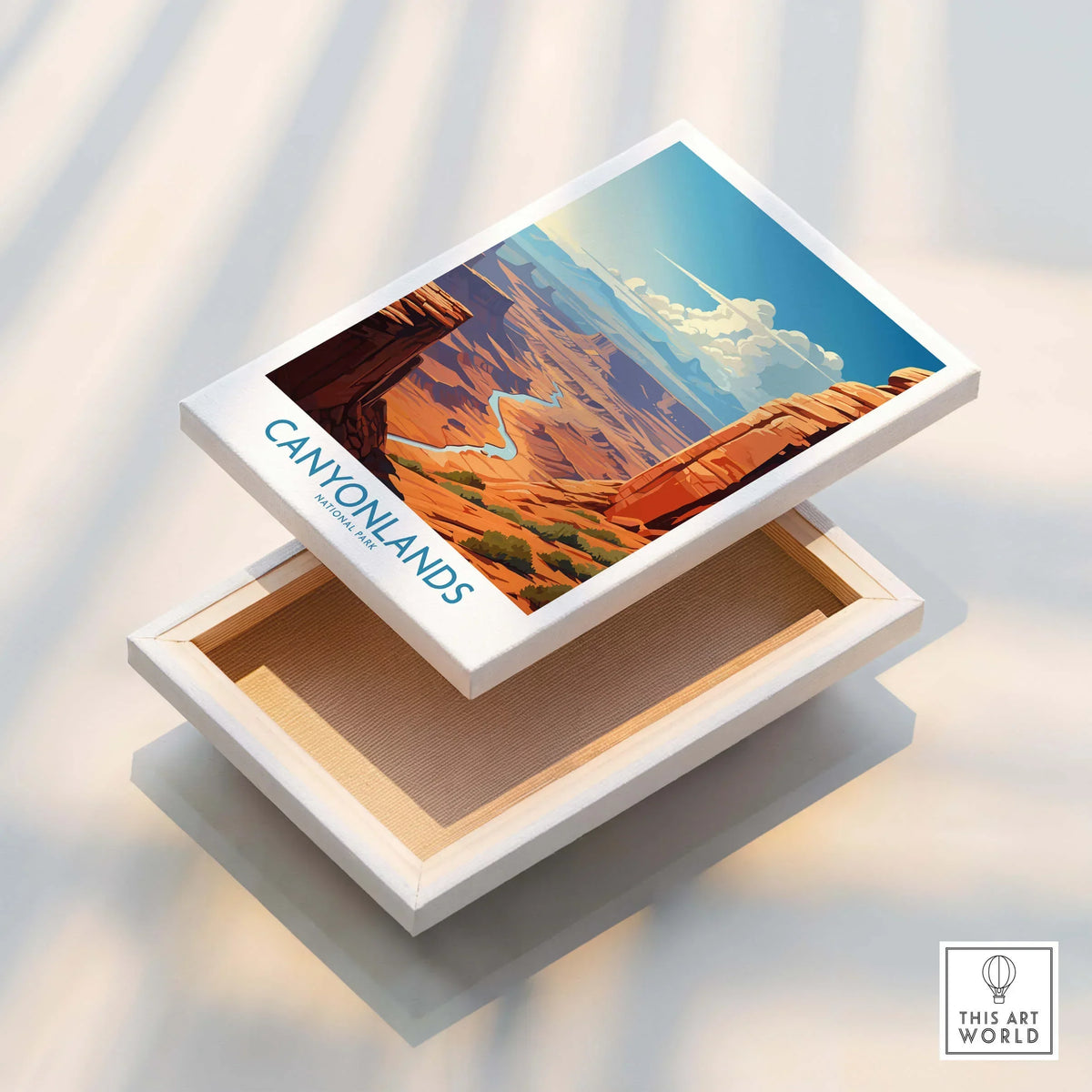 Canyonlands National Park wall art canvas with colorful landscape illustration and floating frame.
