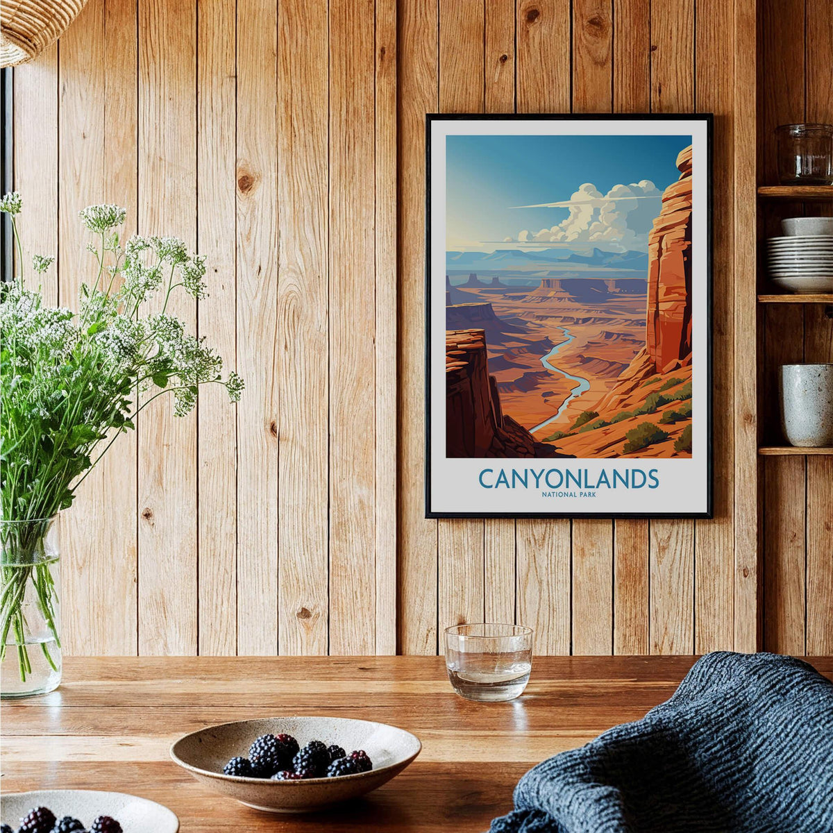 Canyonlands National Park art print in black frame on wooden kitchen wall, rustic decor