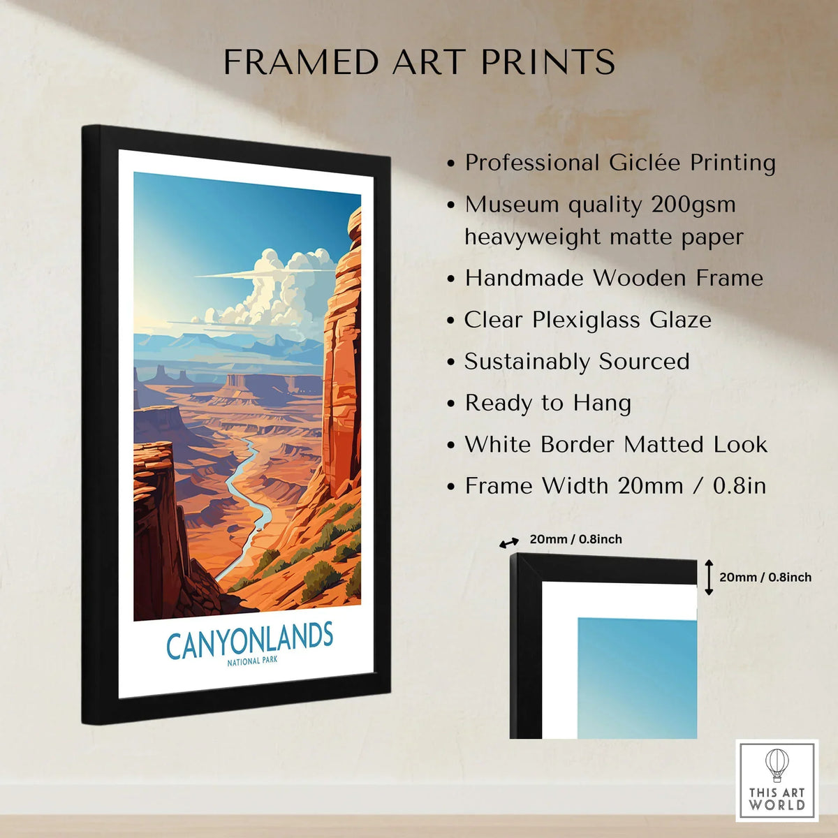 Framed Canyonlands National Park travel poster with matte paper, black wooden frame, size diagram.