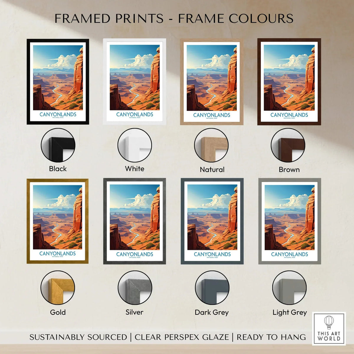 Canyonlands National Park travel poster with seven frame color options displayed.