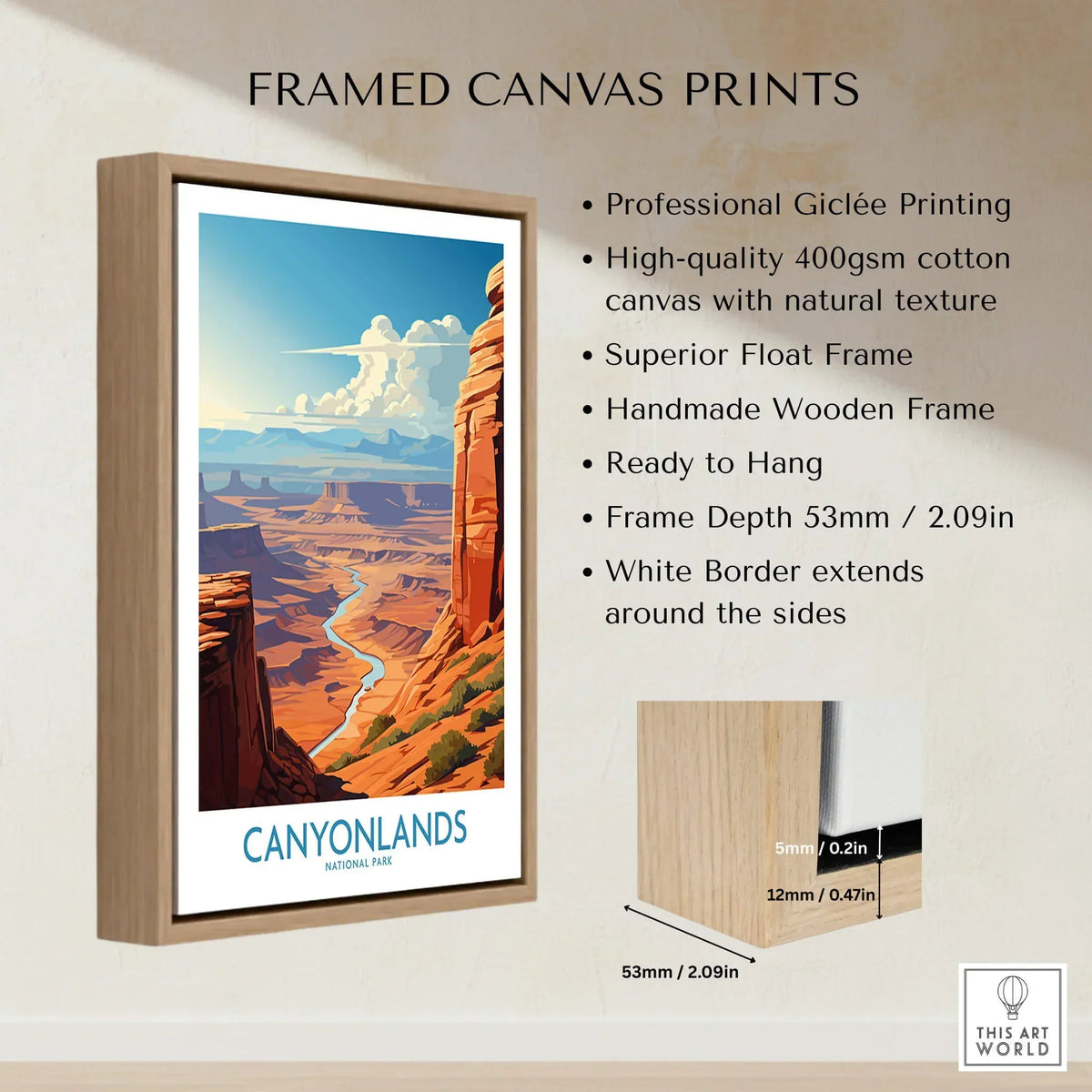 Framed Canyonlands National Park travel poster on canvas with wooden float frame and scenic canyon art.