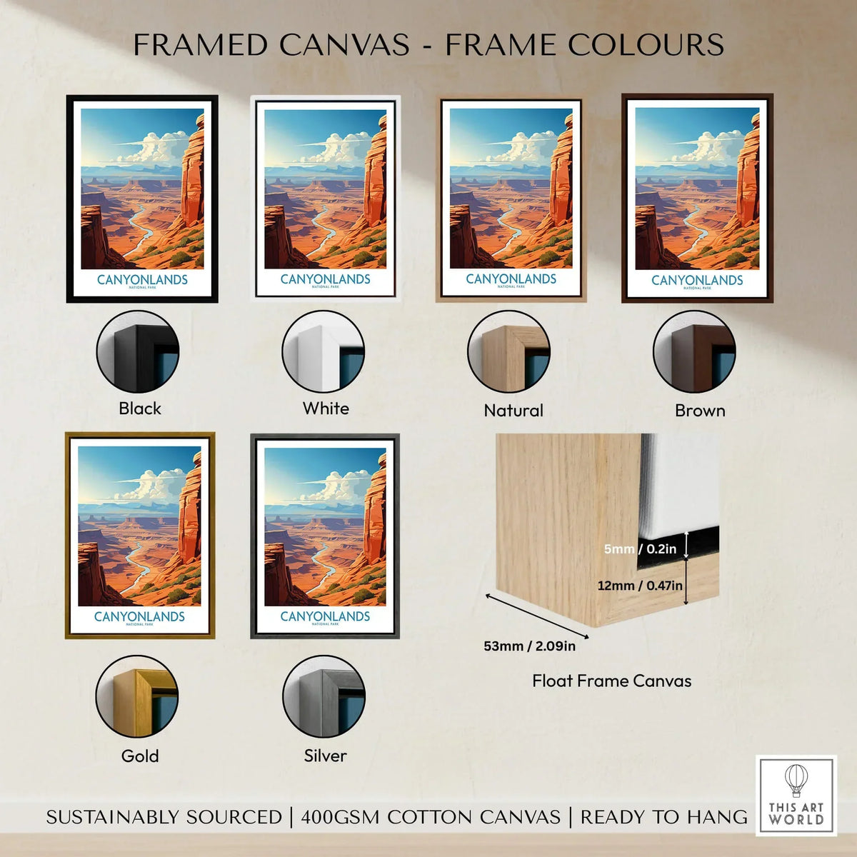 Framed Canyonlands National Park art print with black, white, natural, brown, gold, silver frame options.