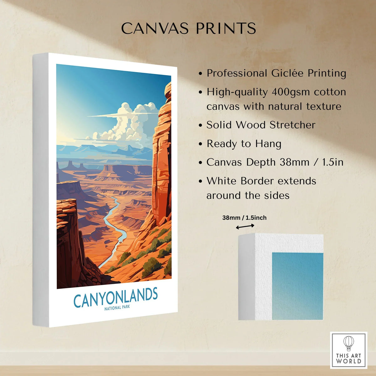 Canyonlands National Park canvas print with colorful landscape and product details, 1.5 inch depth.