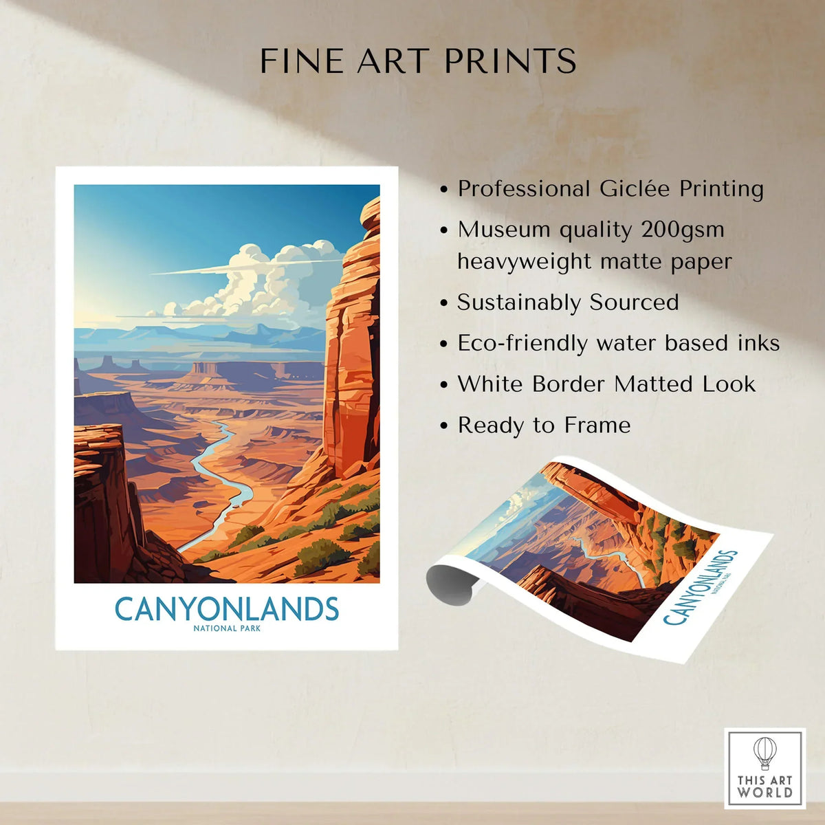 Canyonlands National Park art print with dramatic canyon landscape, blue sky, and white border.
