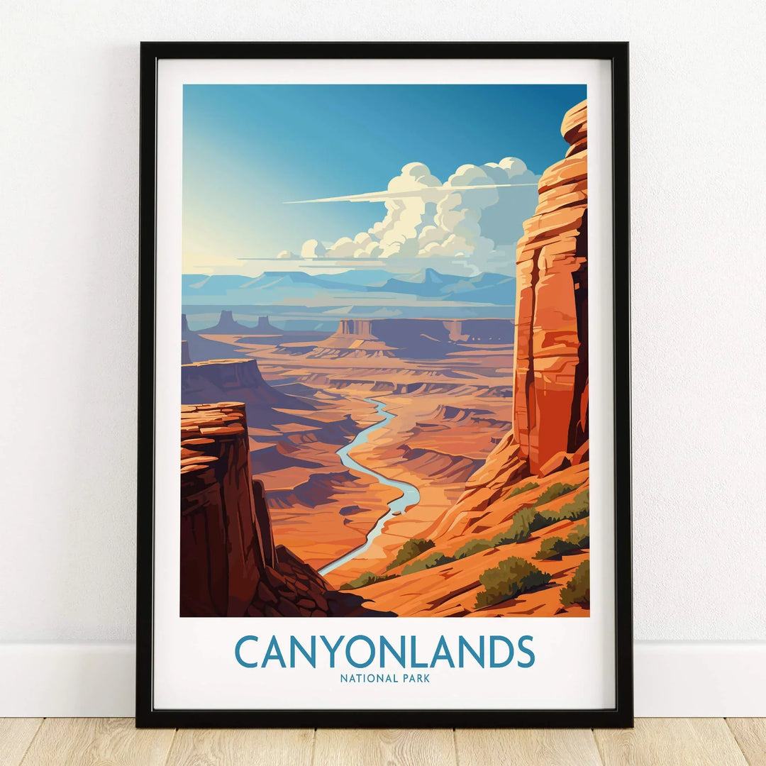 Canyonlands National Park art print in black frame on wooden floor, showcasing desert landscape.