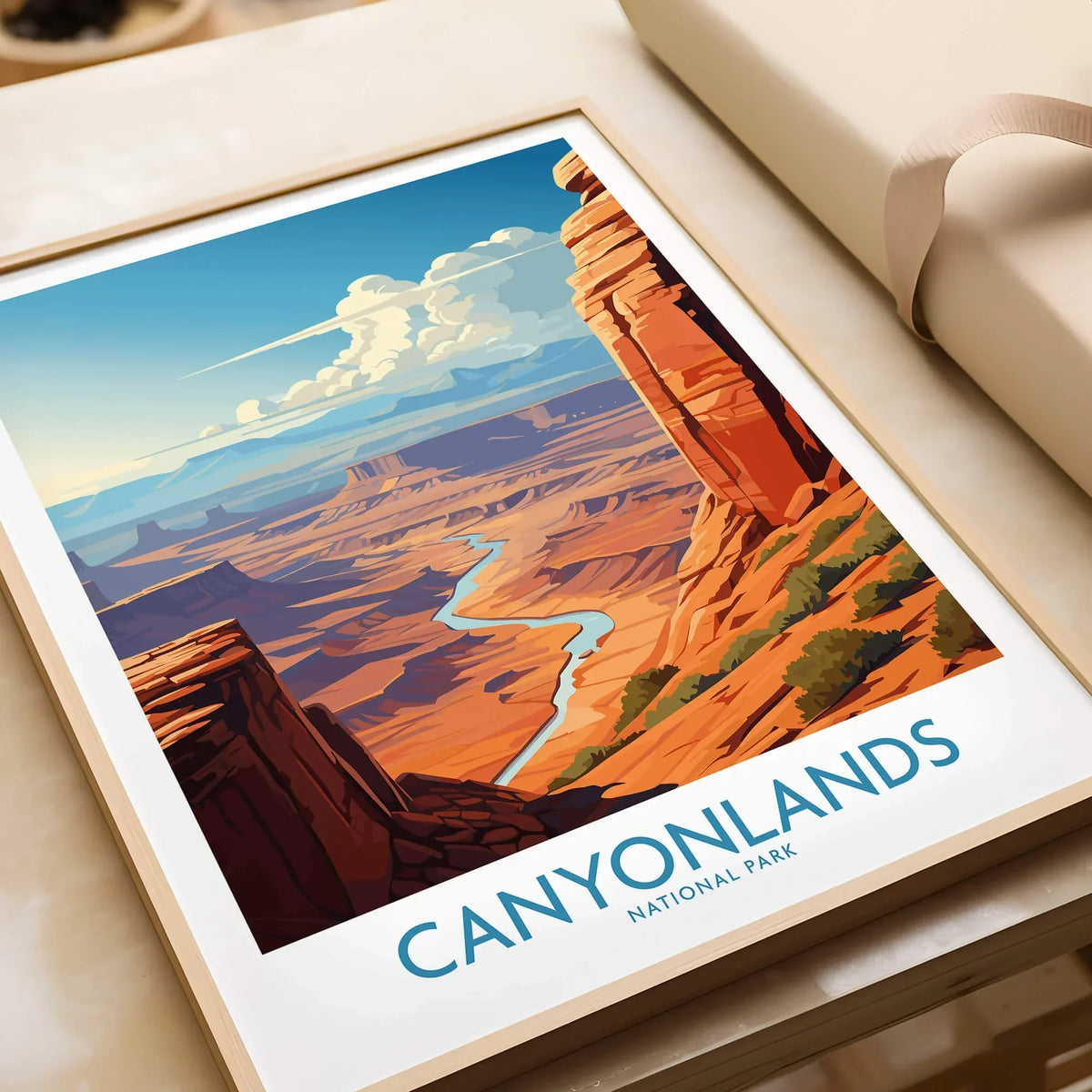 Canyonlands National Park art print in natural wood frame, travel poster style