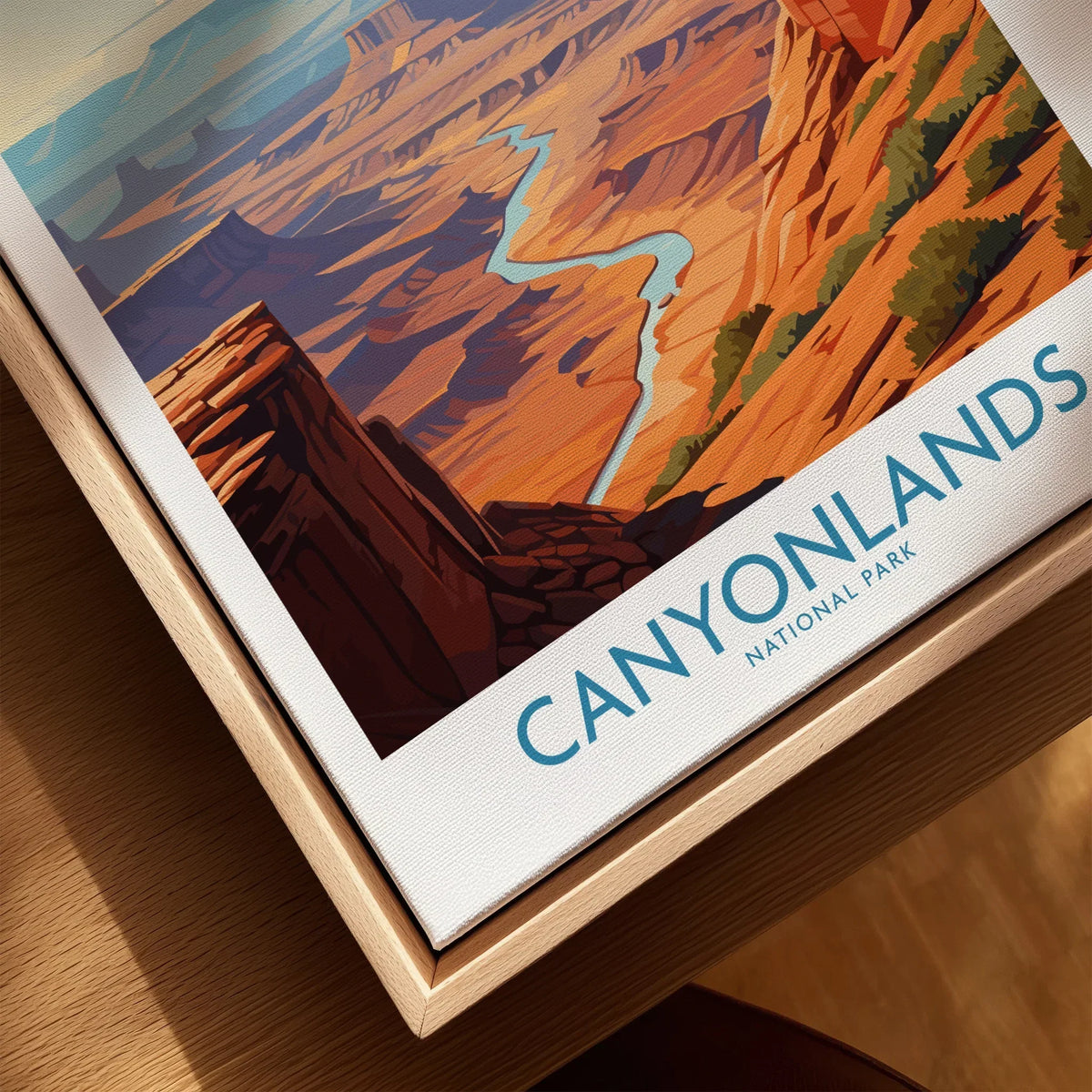Canyonlands National Park travel art print in natural wood floating frame, river canyon scene