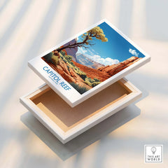Capitol Reef National Park wall art canvas print with vibrant canyon landscape and blue sky.