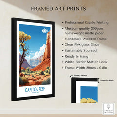 Framed Capitol Reef National Park art print with size details and product features list