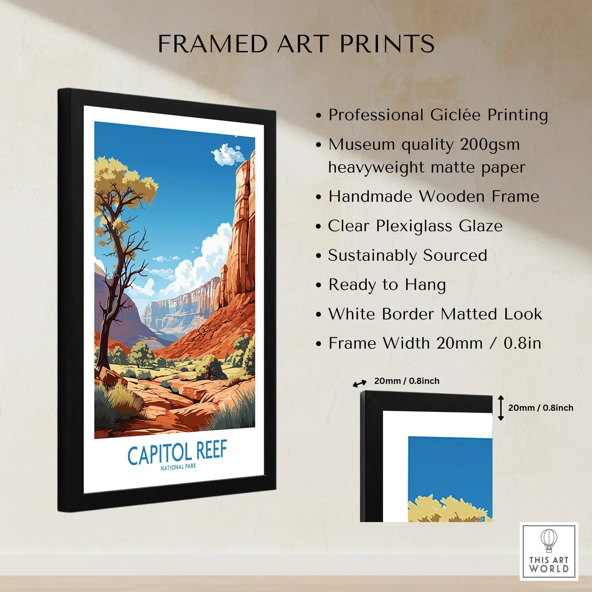 Framed Capitol Reef National Park art print with size details and product features list