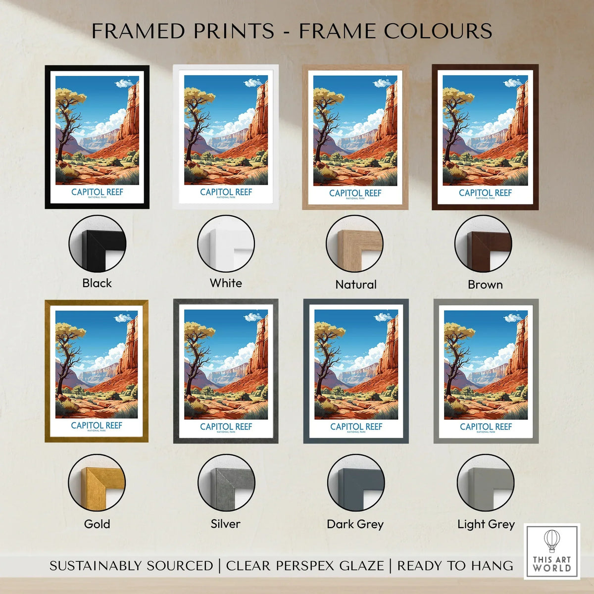 Capitol Reef National Park print with different frame color options, travel wall art.