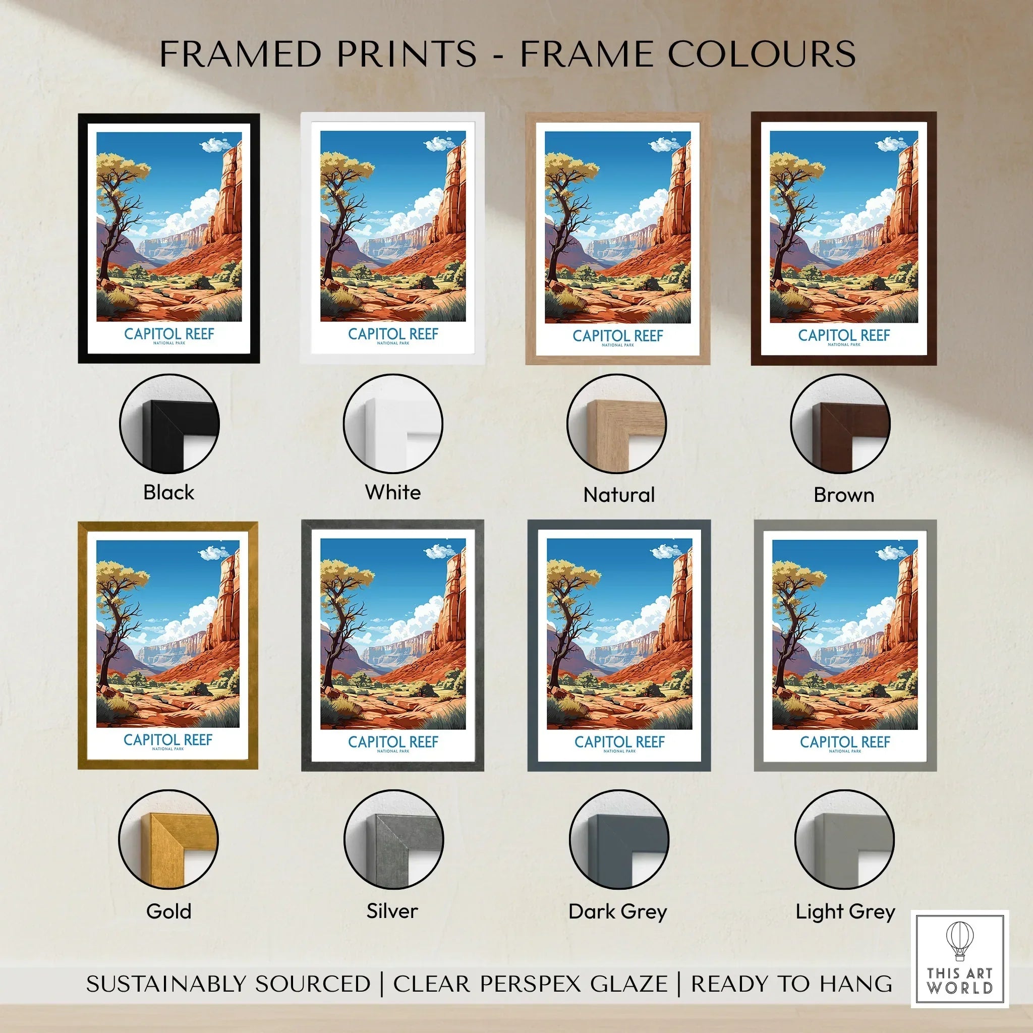Capitol Reef National Park print with different frame color options, travel wall art.