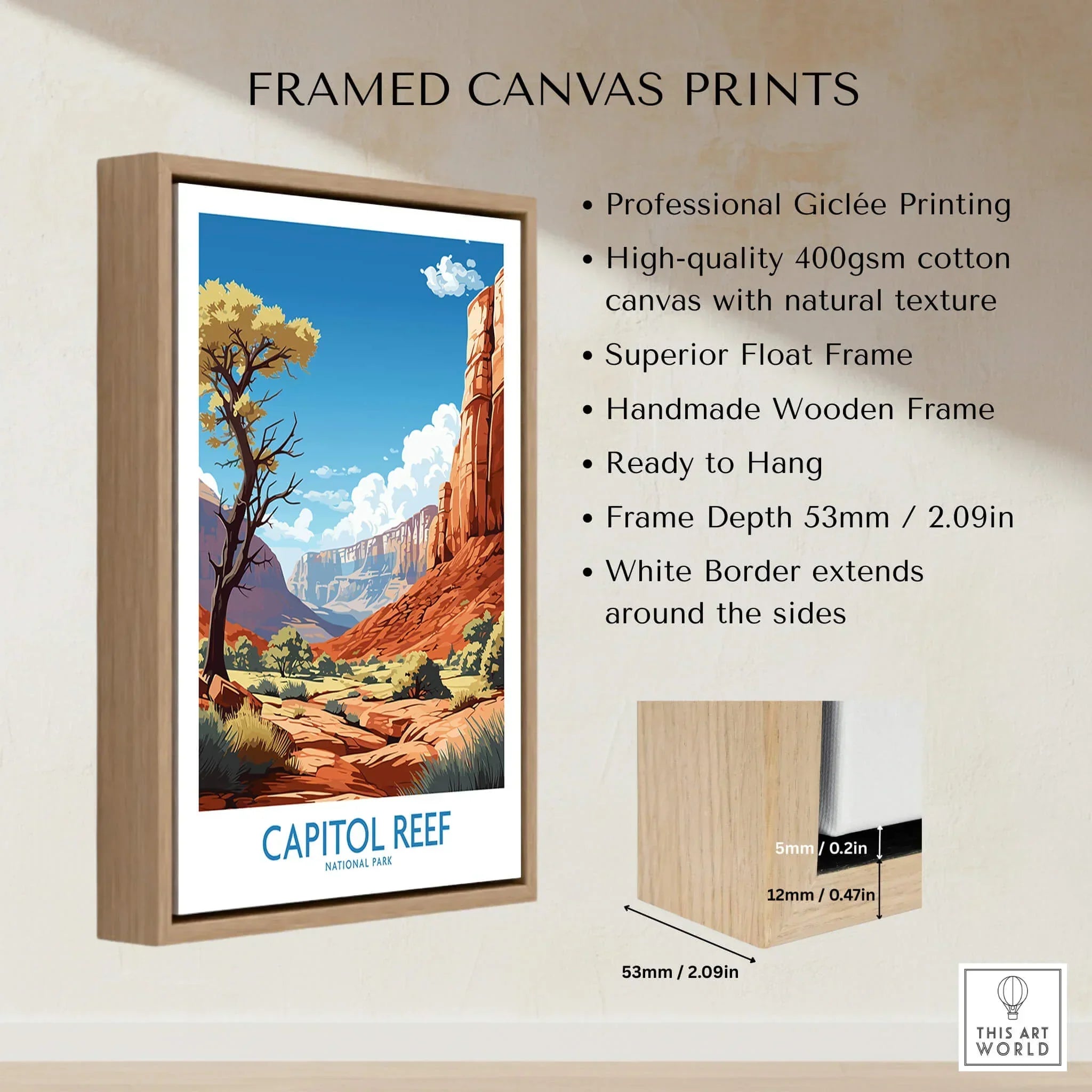 Framed canvas print of Capitol Reef National Park landscape with float wooden frame details