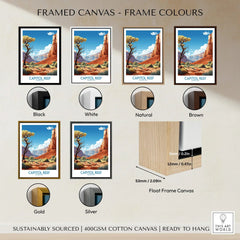 Capitol Reef travel poster framed canvas in black, white, natural, brown, gold, and silver frame options.