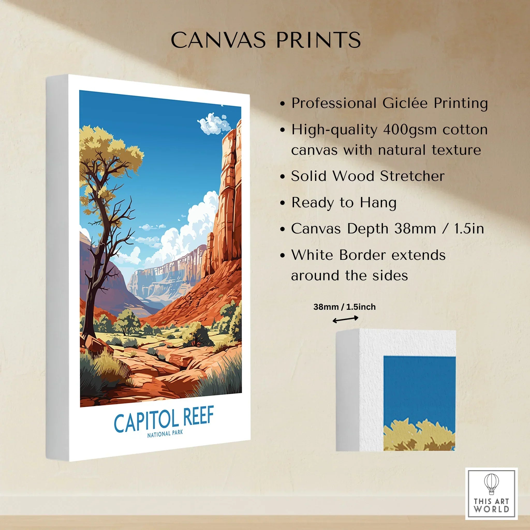 Capitol Reef National Park canvas print with colorful landscape, tree, red cliffs, and sky