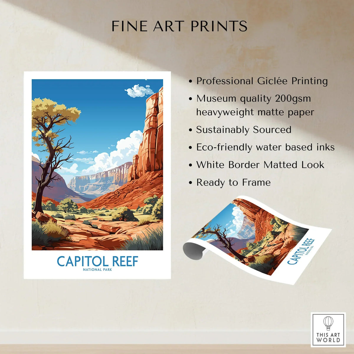 Capitol Reef National Park fine art print with red rock canyons, blue sky, and tree illustration.