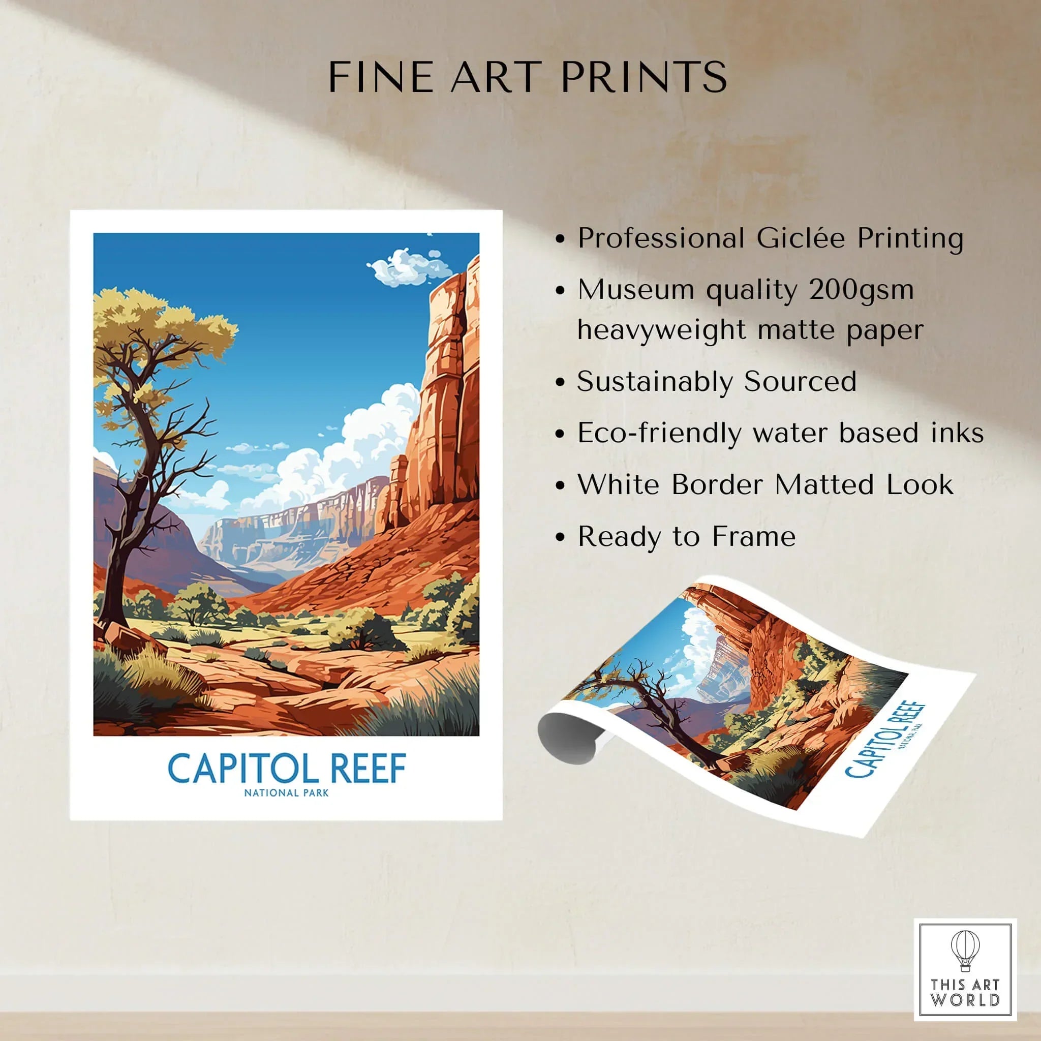 Capitol Reef National Park fine art print with red rock canyons, blue sky, and tree illustration.