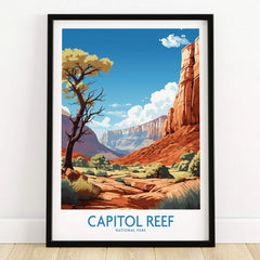 Capitol Reef National Park art print in black frame on wooden floor, landscape illustration