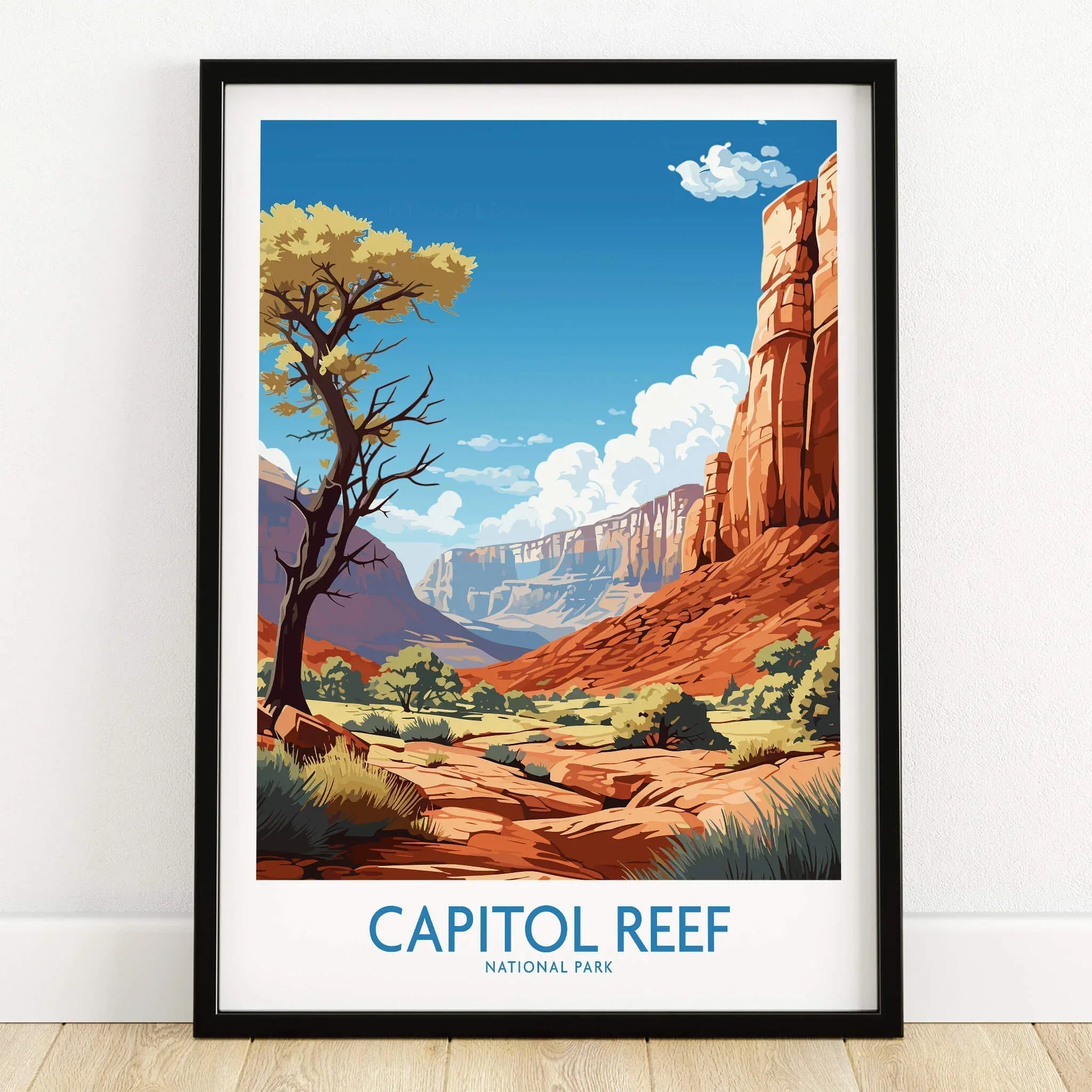 Capitol Reef National Park art print in black frame on wooden floor, landscape illustration