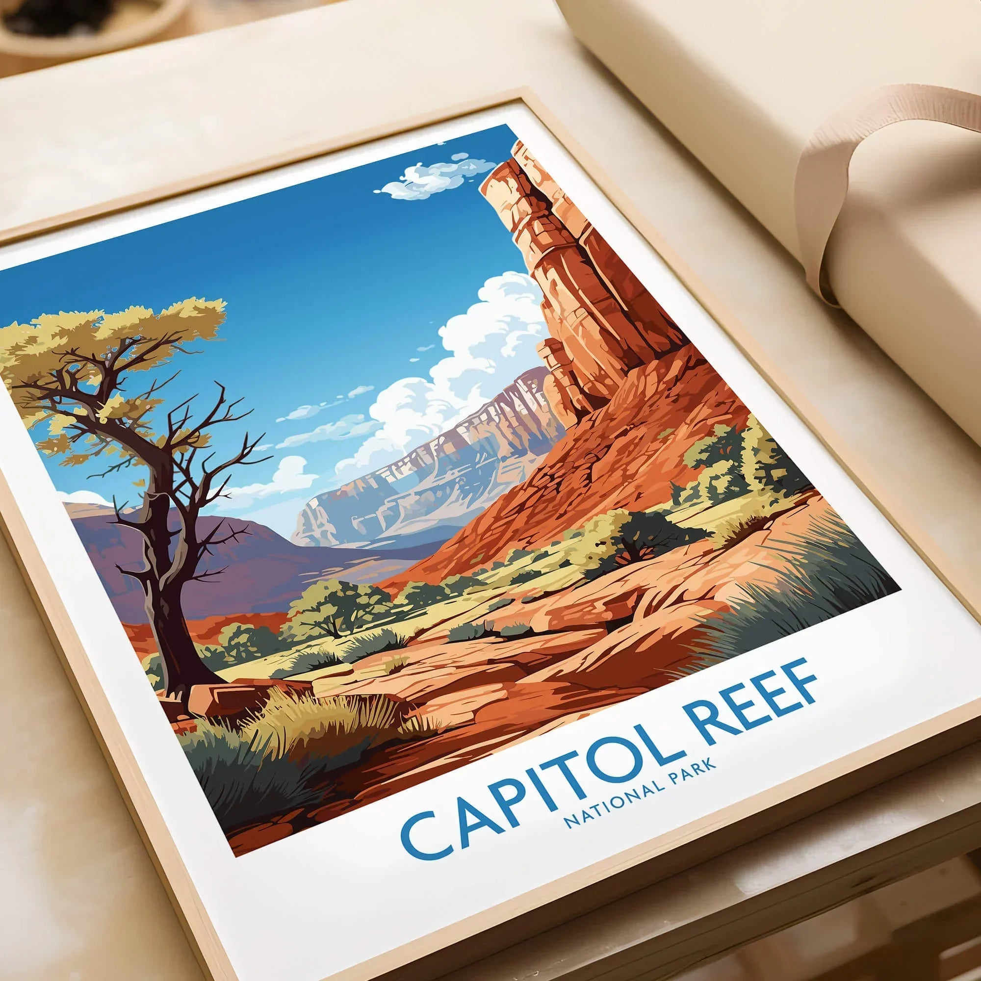 Capitol Reef National Park art print in natural wood frame, unwrapped as a gift