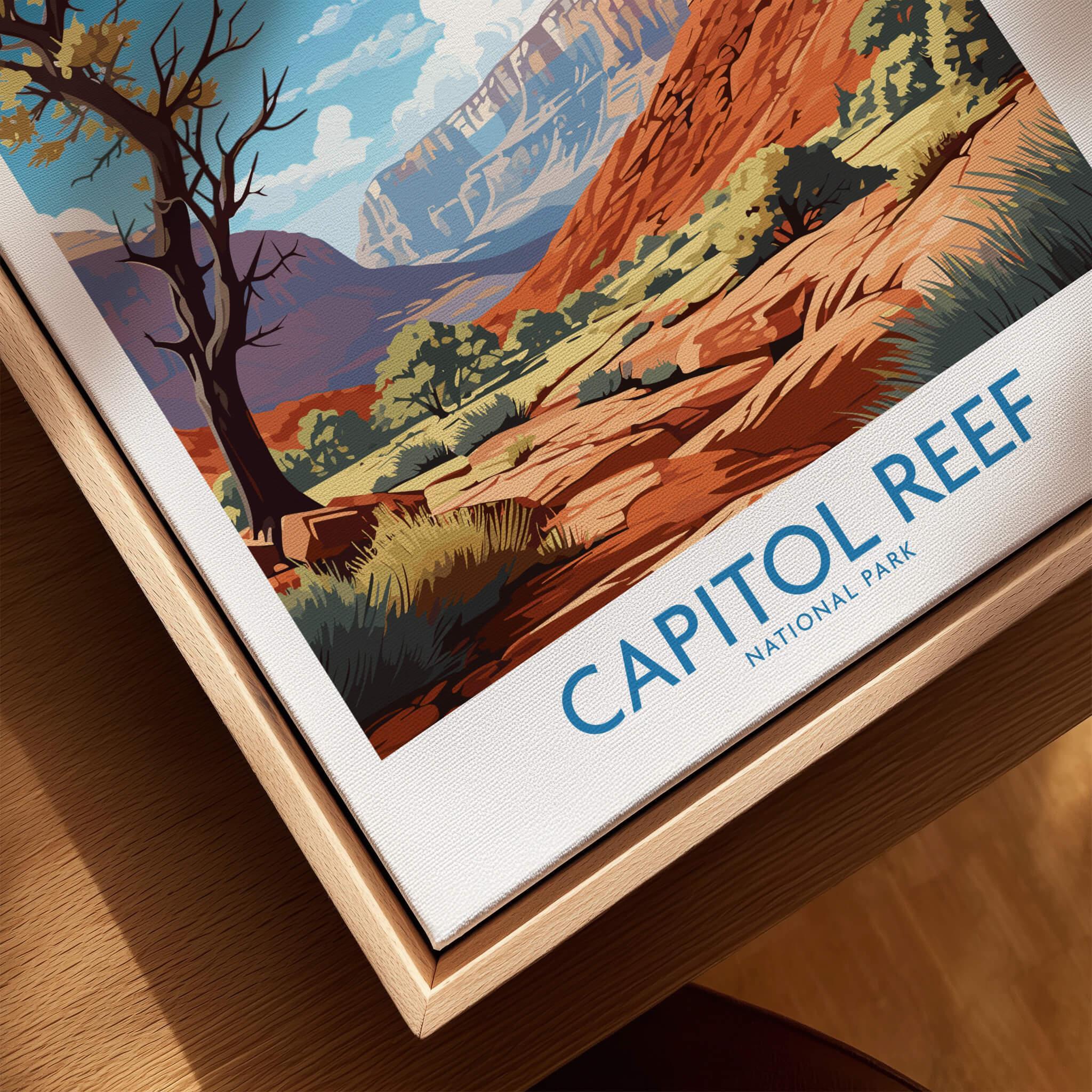 Capitol Reef National Park travel poster print in natural wood floating frame, close-up view.