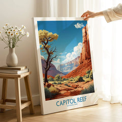 Capitol Reef National Park art print with desert landscape held in modern room decor setting