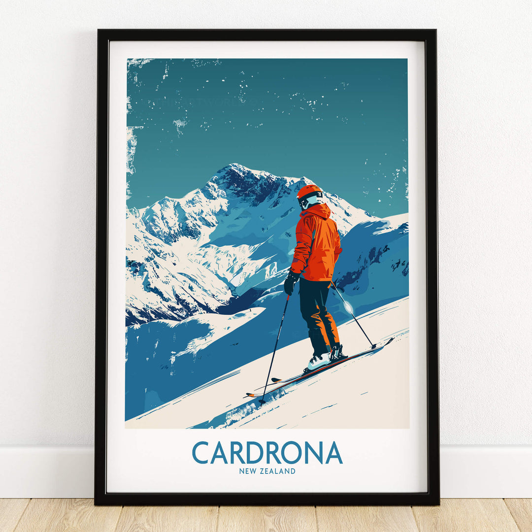 Cardrona Ski Print - New Zealand featuring a skier against mountain scenery in vibrant colors.