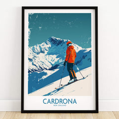 Cardrona Ski Print - New Zealand featuring a skier against mountain scenery in vibrant colors.