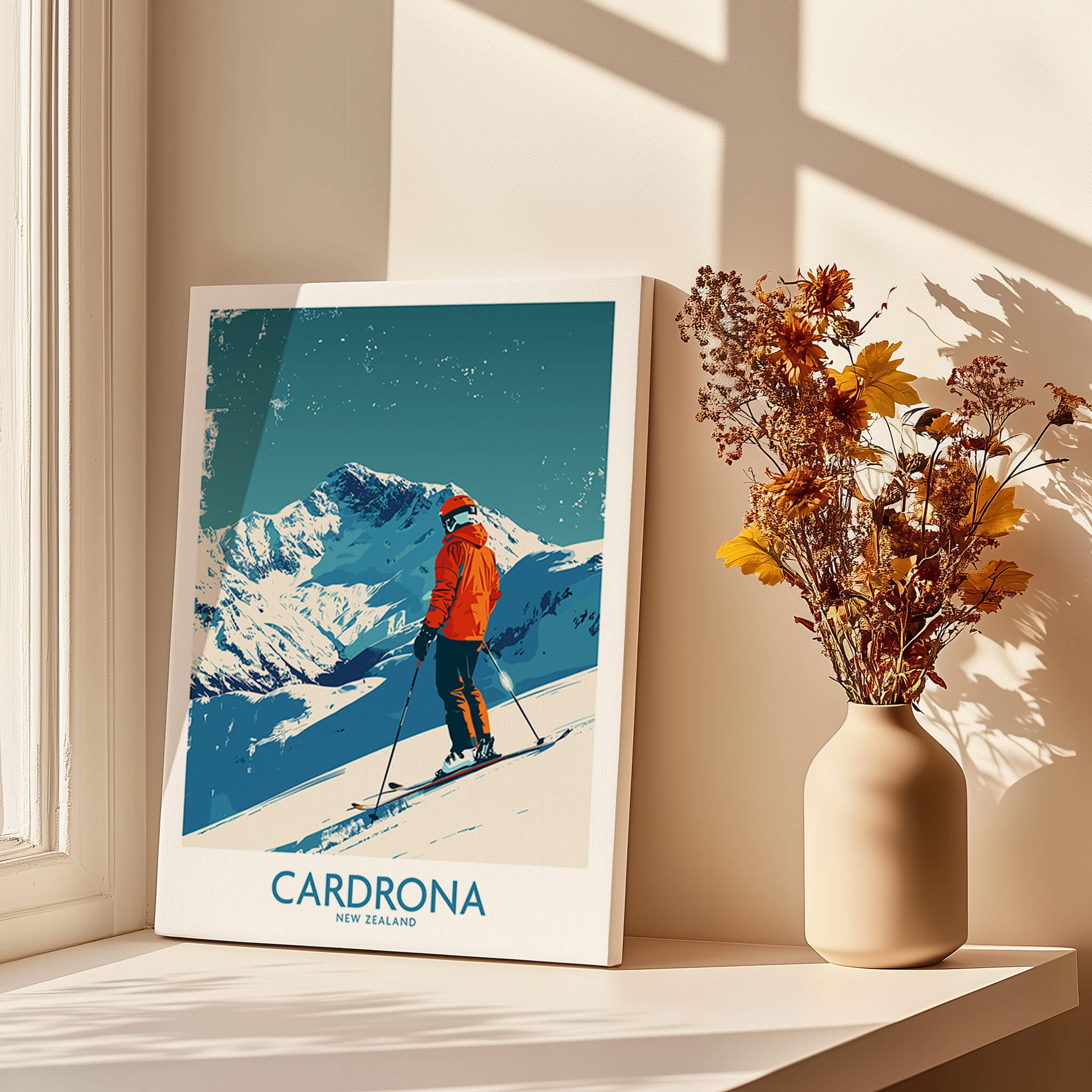 Cardrona Ski Print - New Zealand capturing a skier in vibrant surroundings with mountains in the background.