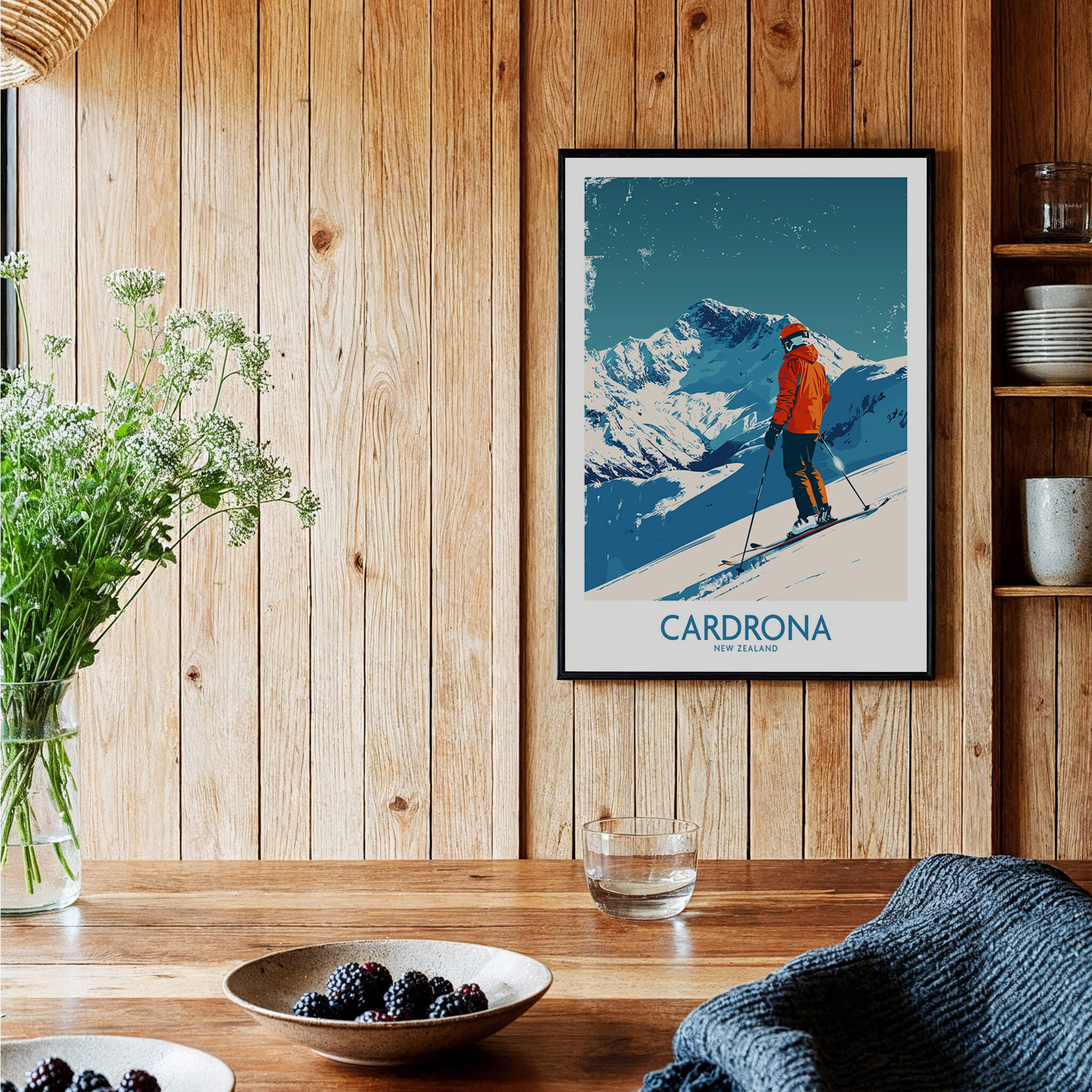 Cardrona Ski Print - New Zealand showcased in a cozy interior, perfect for ski enthusiasts and decor lovers.