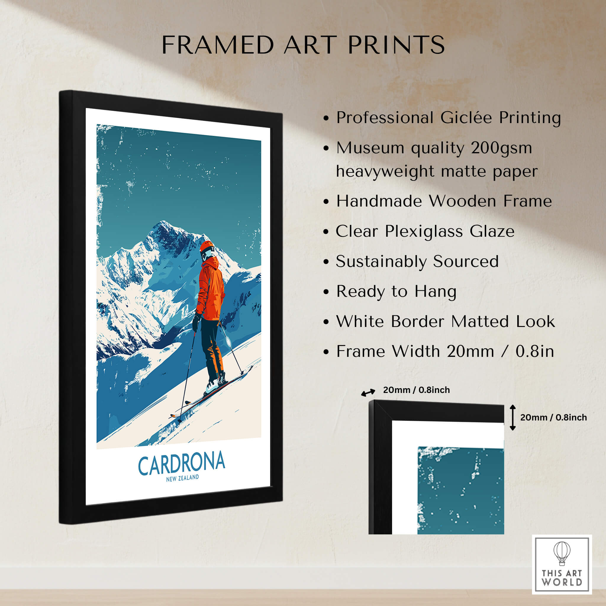 Cardrona Ski Print - New Zealand framed art print showcasing a skier in a stunning winter landscape.