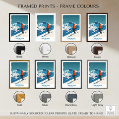 Framed prints color options for Cardrona Ski Print - New Zealand, showcasing black, white, natural, brown, gold, silver, dark grey, and light grey frames.